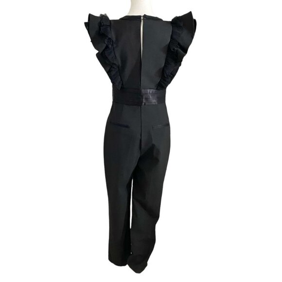 ZARA BLACK RUFFLE V-NECK SATIN WAISTLINE JUMPSUIT STYLE 8758/413/800 - S - Picture 5 of 12